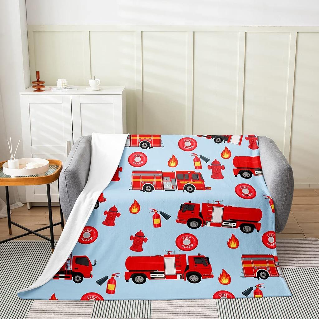 Cartoon Fire Engine Printed Blanket for Sofa Bed Travel Camping Living Room Office Conditioning Blanket for All Seasons Gifts