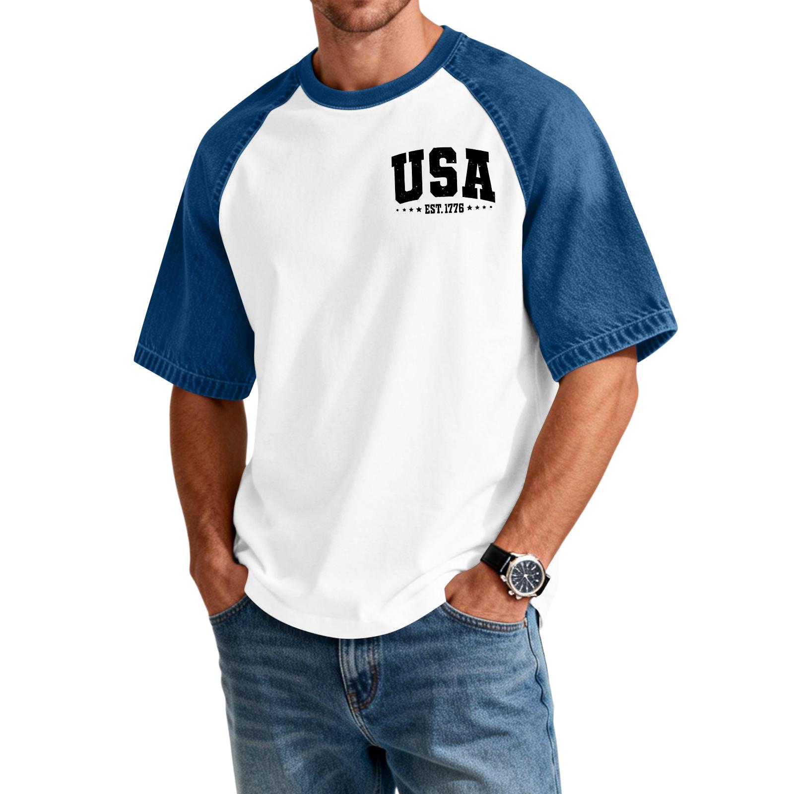 

Men s Denim Patchwork Shirt, Casual Short-sleeved Comfortable T-shirt, Fashionable For Spring And Summer. XL білий