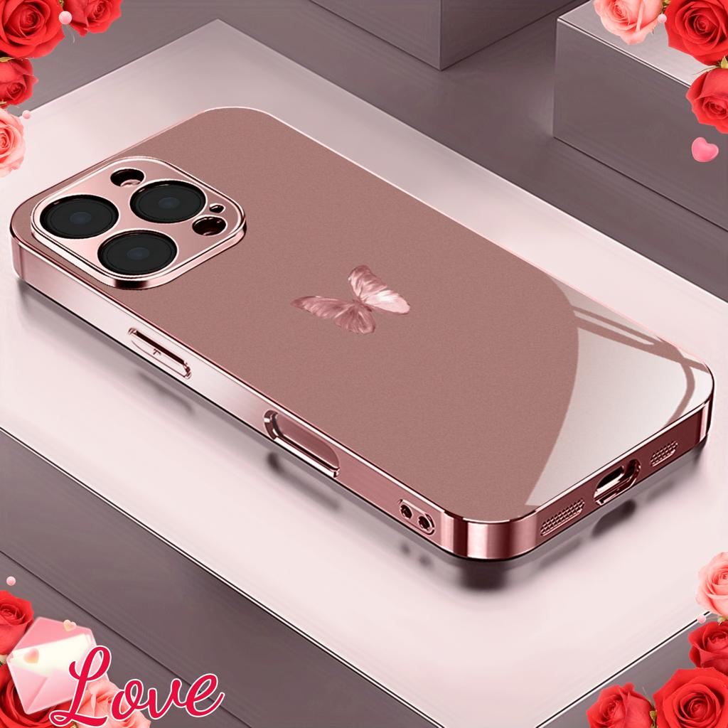Butterfly Pattern Pink Electroplated Glass Phone Case,Suitable for iPhone 17 16 15 14 13 12 11 An excellent gift item
