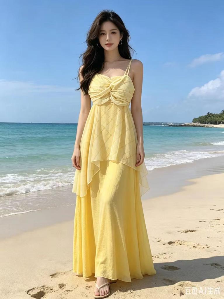 French Suspender Dress Summer New Seaside Vacation Long Dress Plaid Gentle Wind Pure Desire Wind Beach Dress