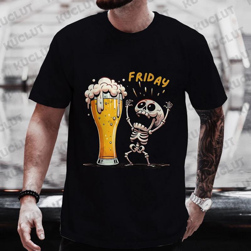 Cotton Men's T Shirt Skeleton Enjoying FRIDAY Beer Day Tees Men T-Shirt Finally Friday for Beer Lovers Male Clothes Short Sleeve Tops