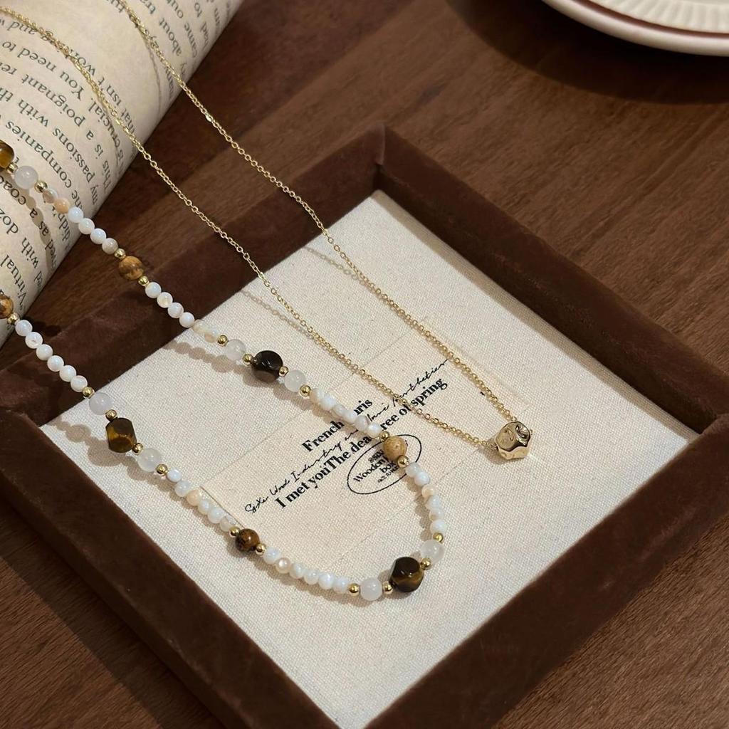Tiger Eye French Shell Double Layer Necklace - Elegant & Versatile for Sweaters