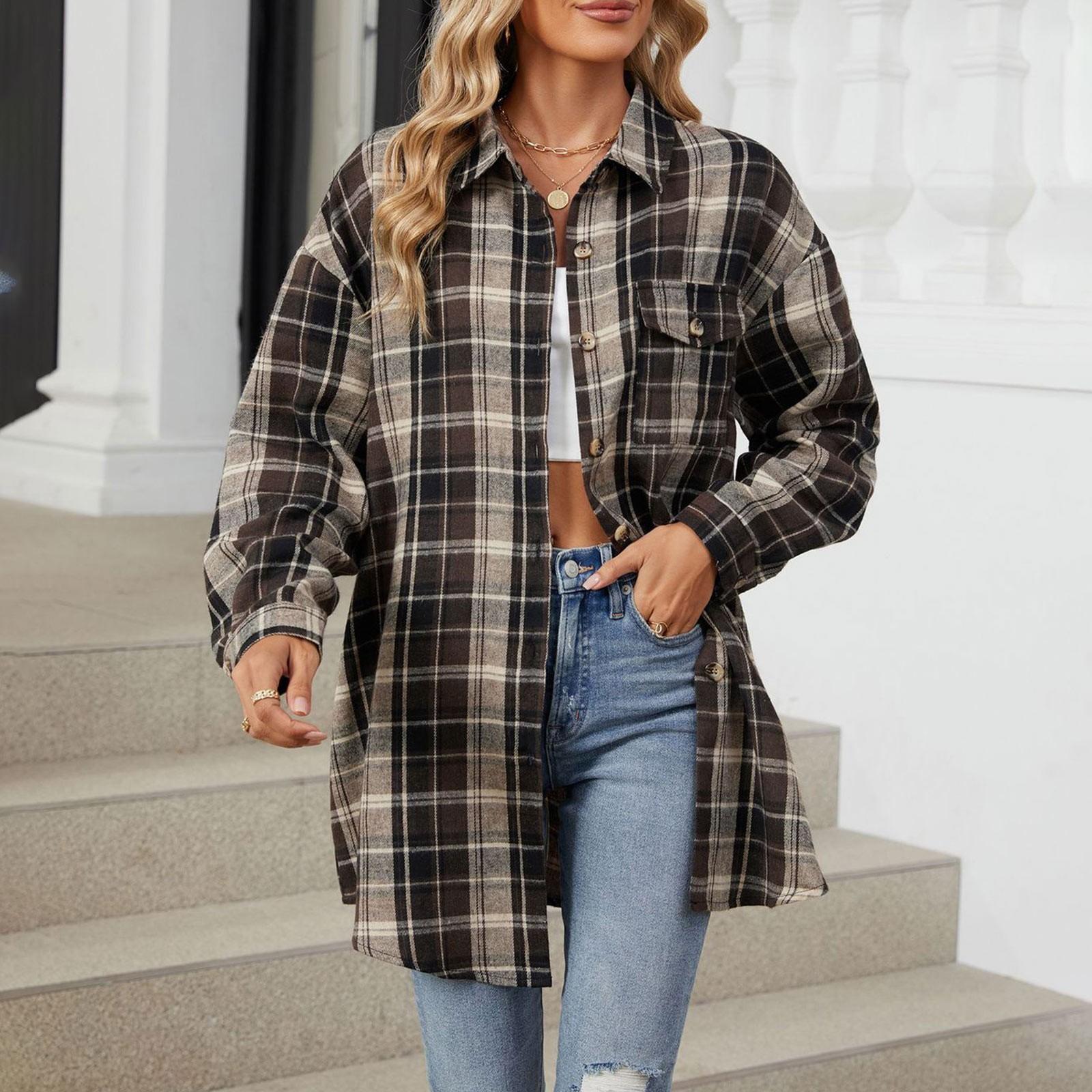 

Женская модная широкая клетчатая куртка-рубашка с длинными рукавами и карманами на пуговицах M кофейный