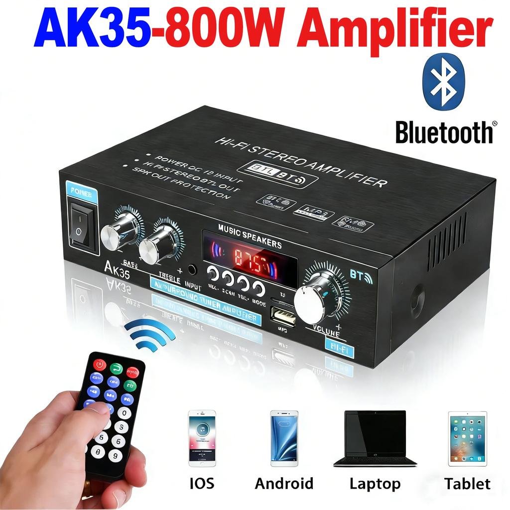 AK35 800W Heim-Leistungsverstärker 2-Kanal Bluetooth 5.0 Surround-Sound FM USB Fernbedienung Mini HIFI Digitaler Stereo-Verstärker