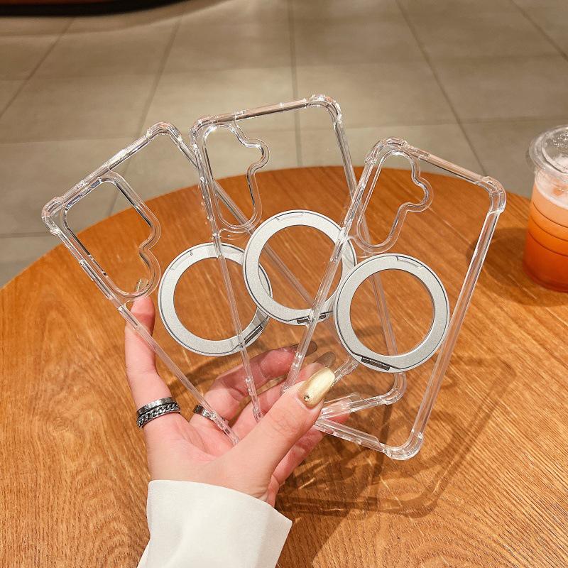 Compatible Samsung Transparent Phone Case with Rotating Bracket, MagSafe, and Four-Corner Drop Protection for A57, A35, and A54.