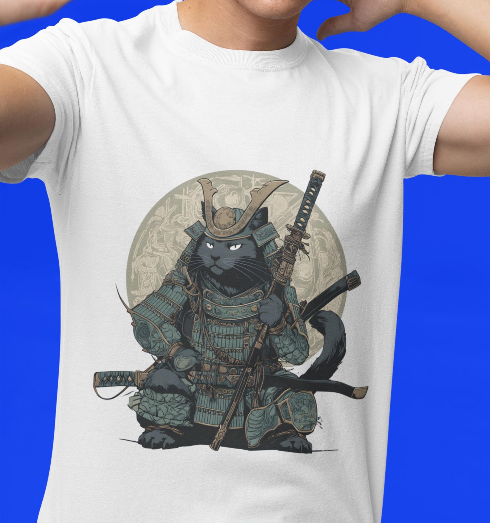 Samurai Cat Graphic Tee: Anime Fan Unisex T-Shirt L