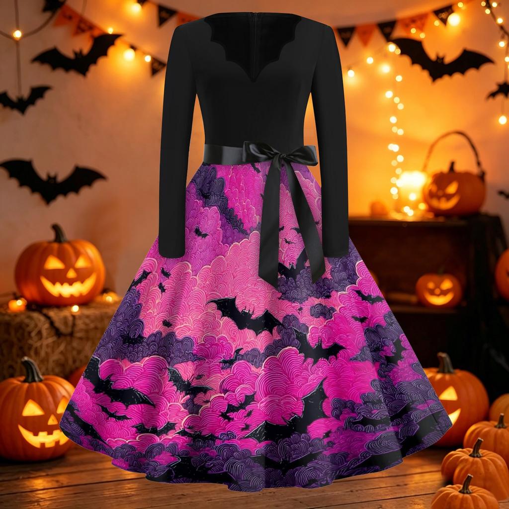 Women's Vintage Halloween Dress V Neck Long Sleeve Casual Retro Style Bat Print Swing Skirt Dress with Waist Tie Belt