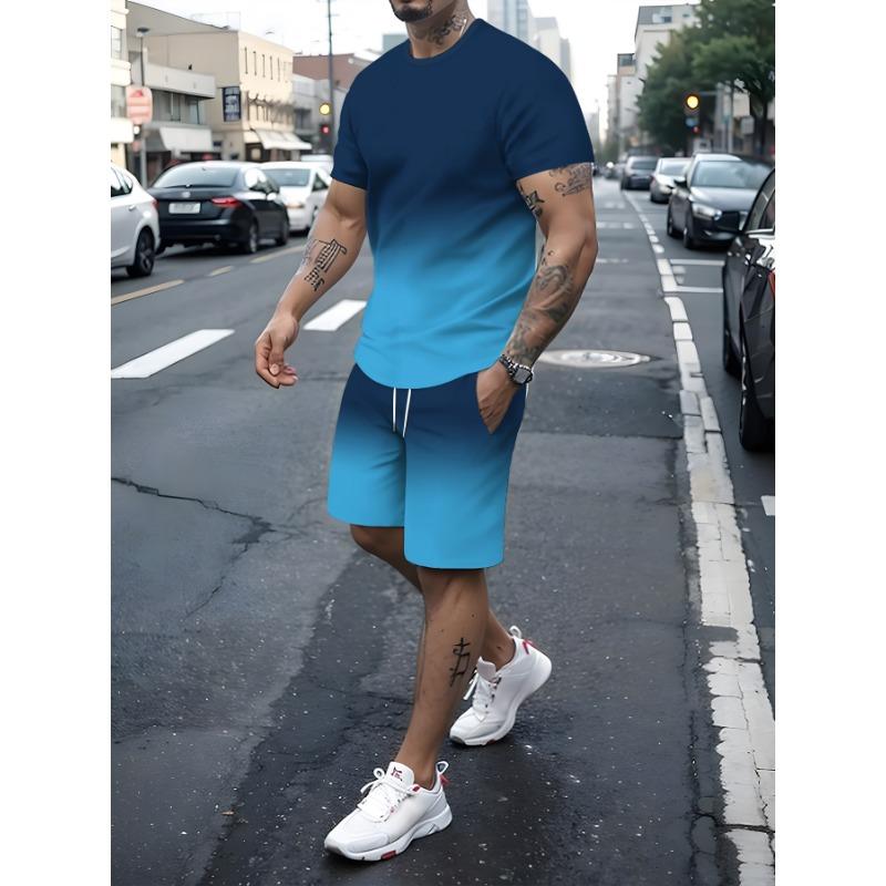 Men's 3D Gradual Change Short Sleeve Suit Running Moisture Wicking Round Neck T-Shirt Training Exercise Set Sport Shirt Tops