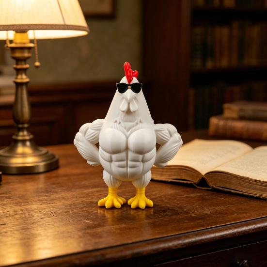 3D Printed Muscle Chicken Figurine Funny Cool Rooster Statue with Sunglasses Collectible Muscular Cock Desktop Ornament for Home Office Executive Desk