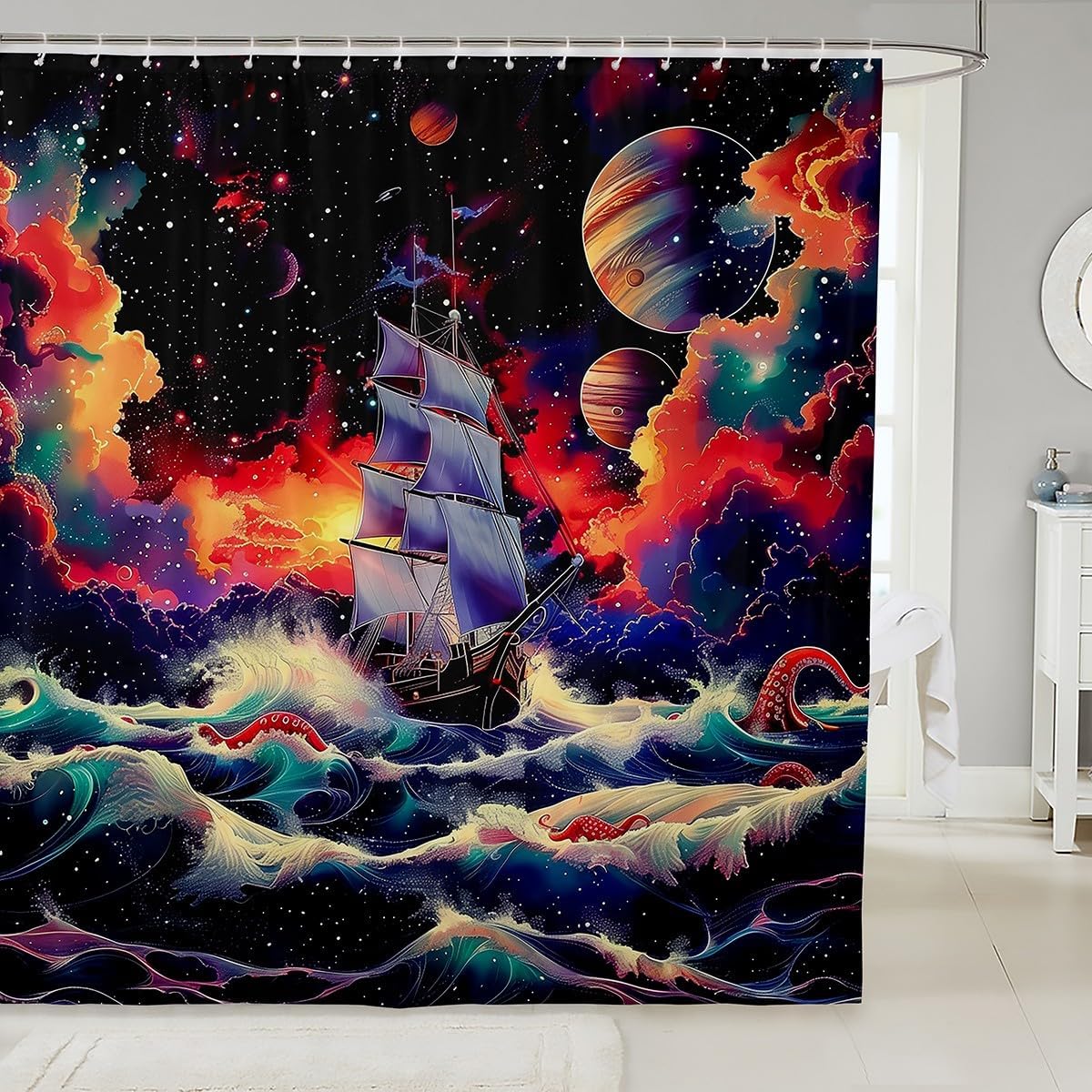 

Japanese Style Shower Curtain Set,Red Sun And Crane Bathroom Decor For Kids Adults,Oriental Ukiyoe Bathroom Set Vintage W60H190(CM)-1 Pcs