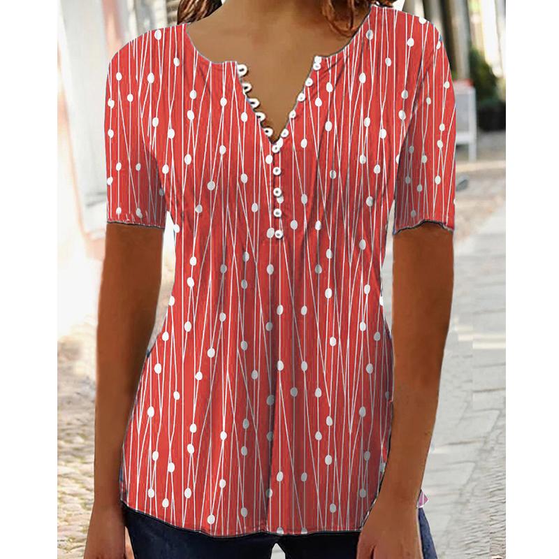 Chemise à manches courtes imprimée à col en V pour femmes, Blouses décontractées