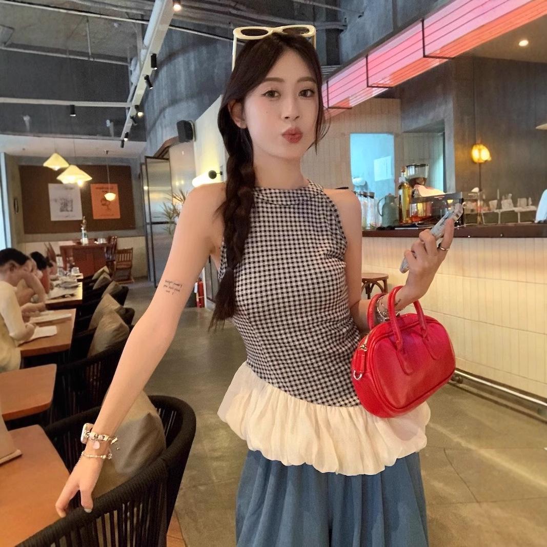 

Французский клетчатый жилет-халтер без рукавов с неровным пышным подолом для женщин XL Premium чёрный