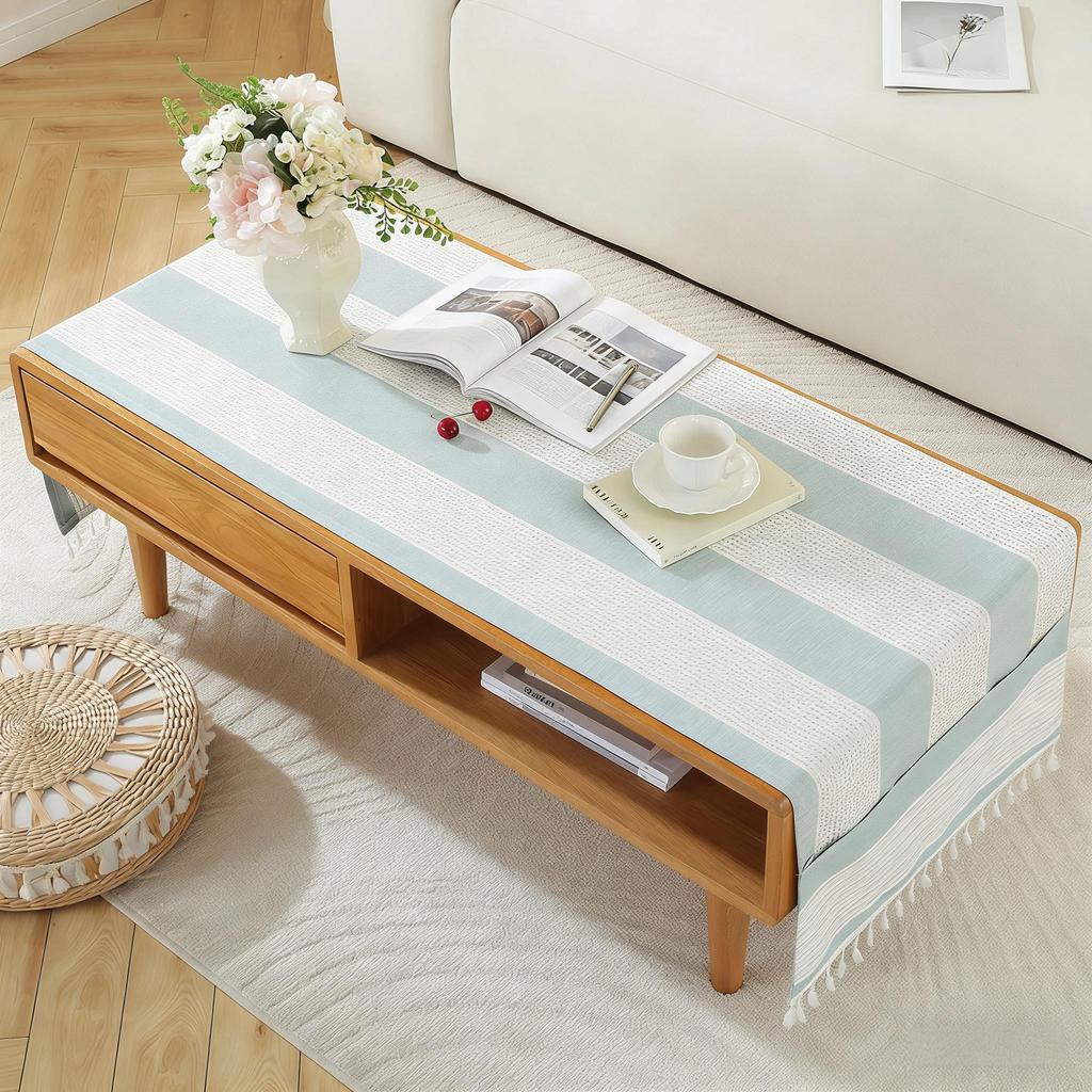 Machine Washable Cotton Linen Tassel Coffee Table Tablecloth with Pockets
