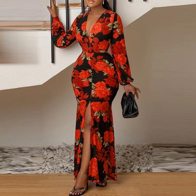 Women Fashion V-Neck Long Sleeve Print Bodycon Slit Dresses