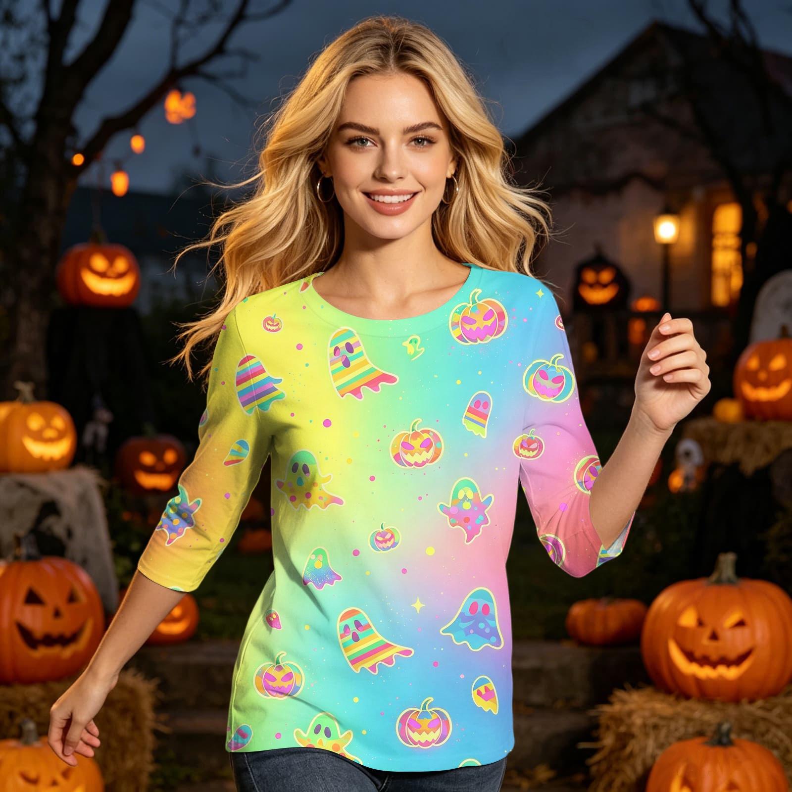 Women s Fashion 3/4 Sleeve Halloween Print Neck Top XL
