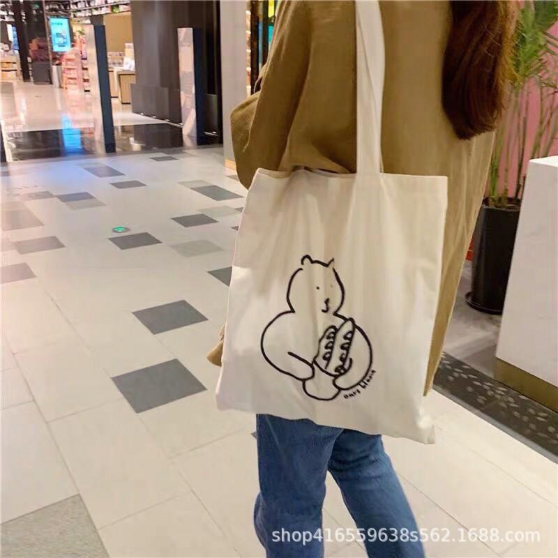 Korean Ins Niche Design Cute Cartoon Fun Pattern Thin Cotton Grey Cloth Bag Canvas Single Shoulder