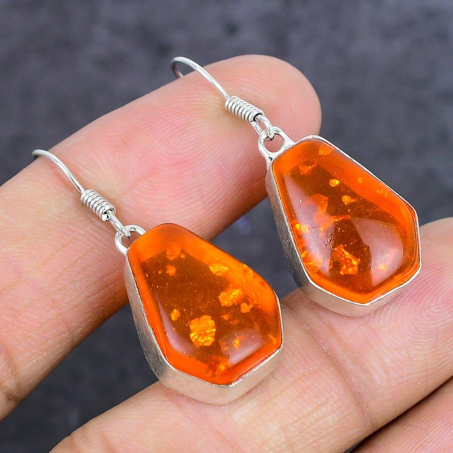 Natural Baltic Amber Gemstone 925 Sterling Silver Jewelry Earring 1.65" ETC-14077