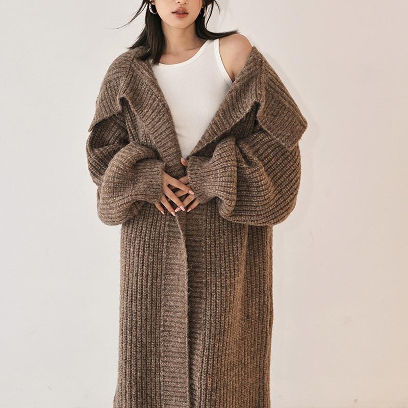 

Осень-весна кардиган пальто женские однотонные длинные рукава свободные винтажные вязаные нежные до щиколотки темпераментные женские уличные One Size кофейный