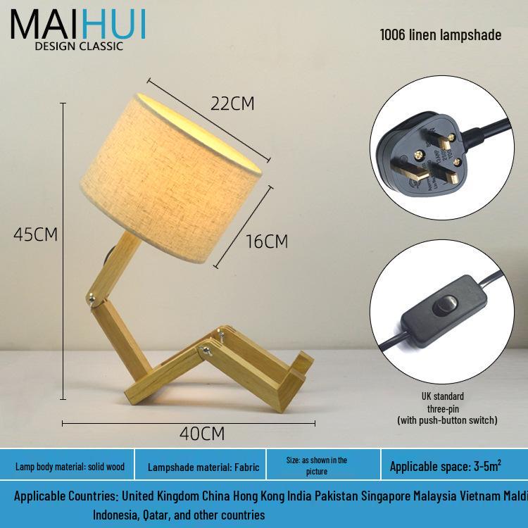 Nordic Solid Wood LED Bedside Night Light - Robot Table Lamp