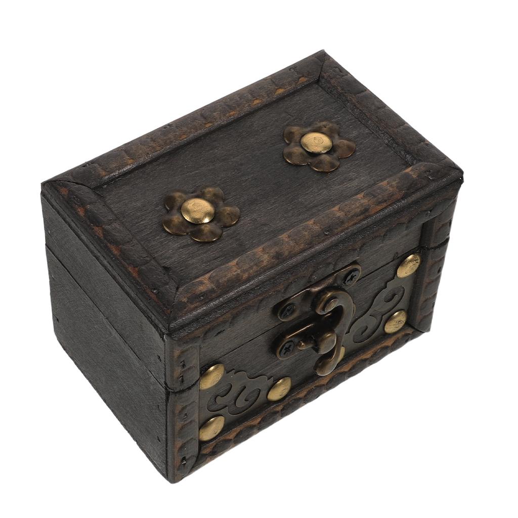 Vintage Wooden Treasure Chest Dark Brown Solid Wood Jewelry Storage Box Decorative Organizer Home Decoration Keepsake Box Retro