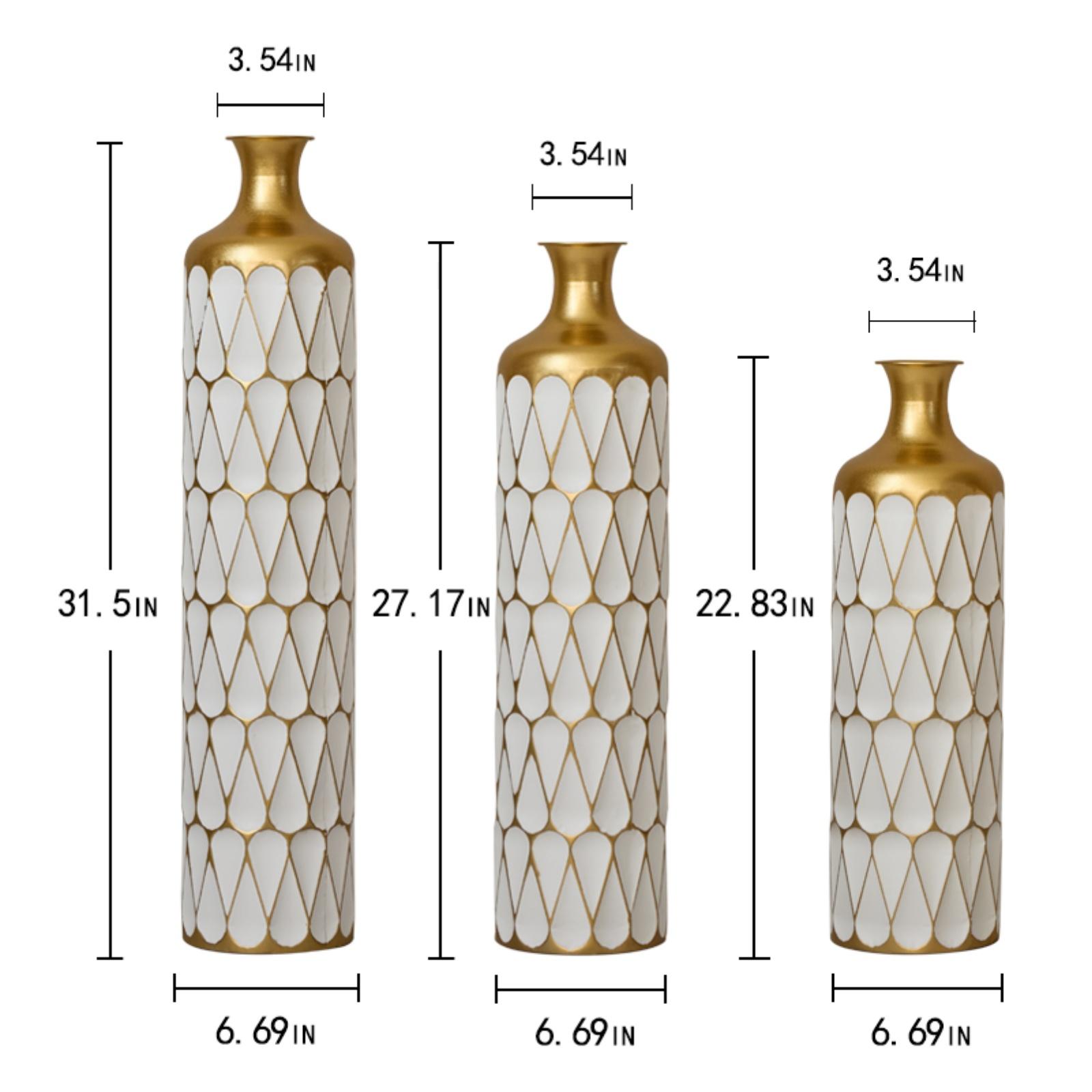 Set of 3 Gold and White Geometric Metal Vases, 31.5/27.17/22.83 Inch Tall Floor Vases for Home Decor, Decorative Centerpiece (as the picture,M)