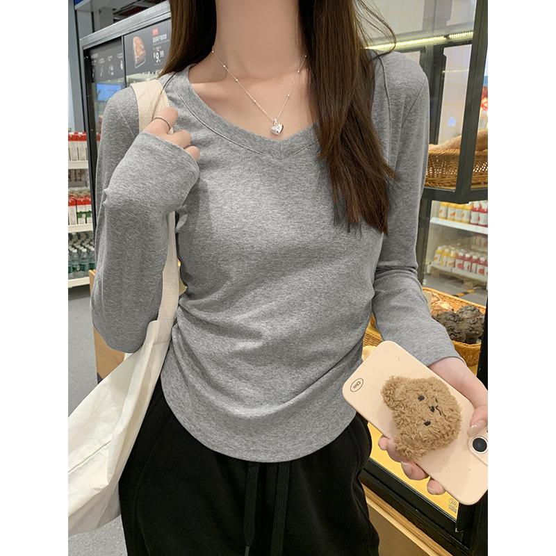 Irregular hem, right shoulder, V-neck, long-sleeved T-shirt for women in autumn, waist-cinching pleated inner layer, stunning base layer top