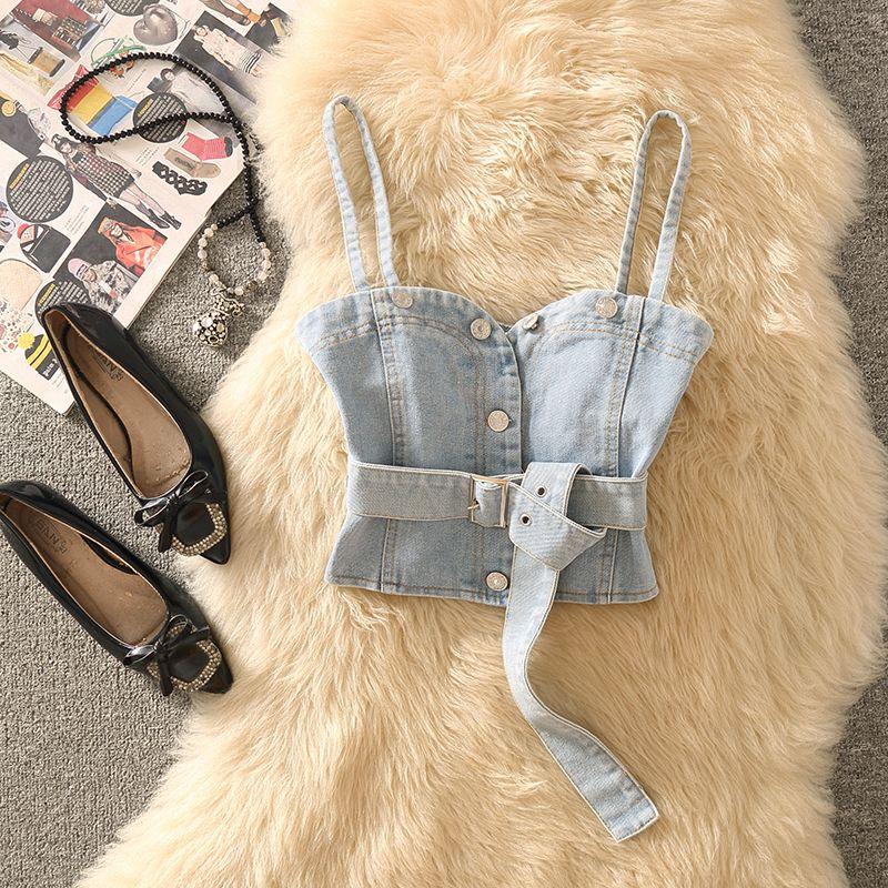 

Весенняя одежда 2025 года Новое поступление Модный джинсовый костюм-жилет Стильный жилет с поясом Платье-бандаж Белая рубашка Юбка Верхняя одежда Blue M