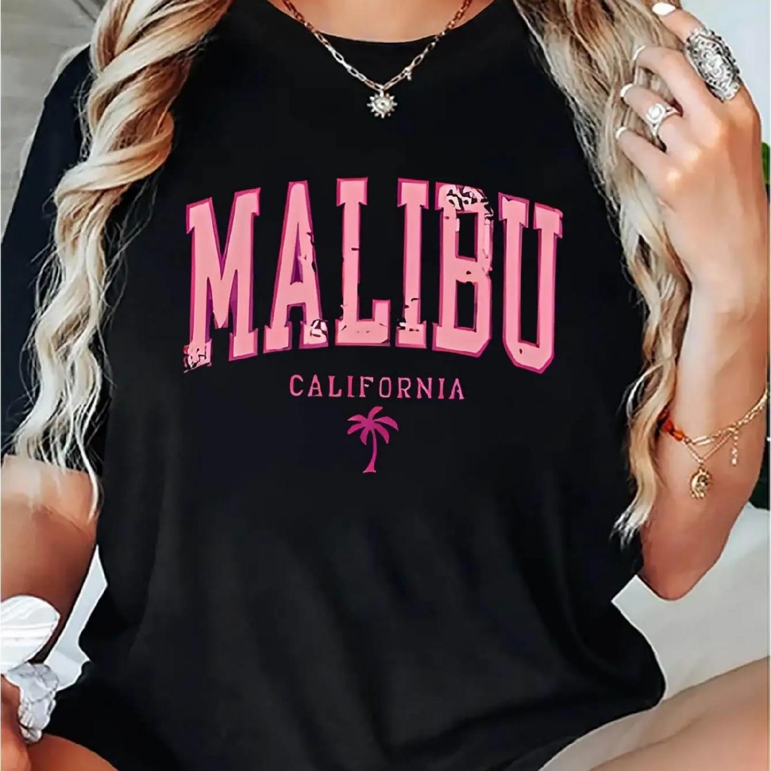 

1pc Women S Casual Crew Neck T-Shirt with Geometric-Patterned Malibu California Print, Knit Fabric, Medium Stretch, All-Season F XXXXXL різнокольоровий