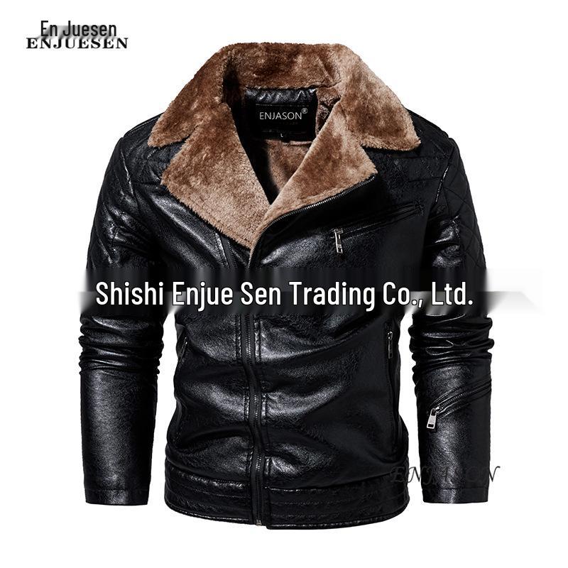 

2025 Winter Men s Slim Fit Leather Jacket with Fur for Middle-Aged and Elderly - European and American Motorcycle Style L чёрный