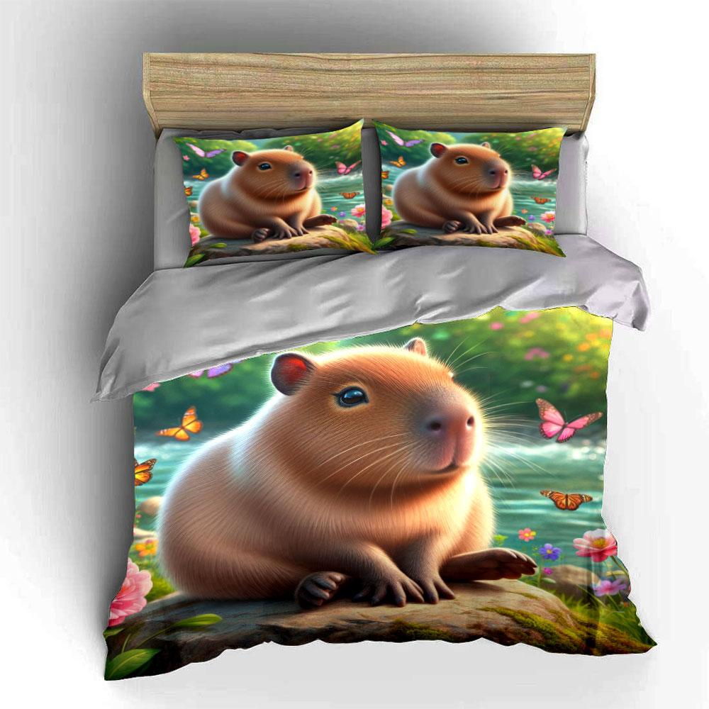 Adorable Capybara with Fluttering Butterflies Print Bedding Set 1 Duvet Cover 2 Pillowcases for Adult and Children Luxury Gift