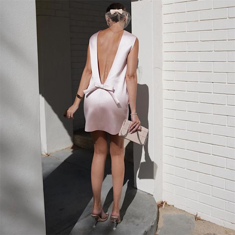 Bow Backless Satin Mini Dress For Women Elegant Fashion Sleeveless Patchwork Party Dress Gown Female Solid Mini Dress