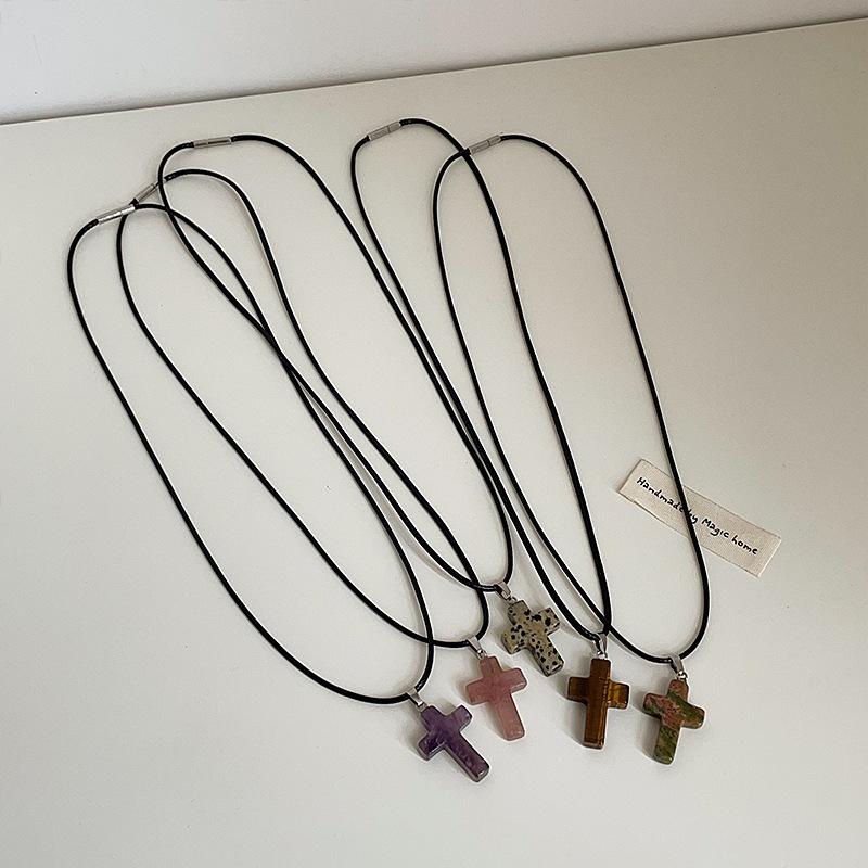 Niche Design Sense Natural Stone Cross Black Rope Necklace Female Simple Sweet Cool Personality Versatile Neck Chain Collarbone Chain