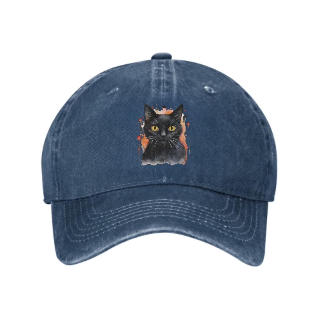 Black Cat Portrait Washed Baseball Cap Unisex Cotton Adjustable Outdoor Trucker Hat