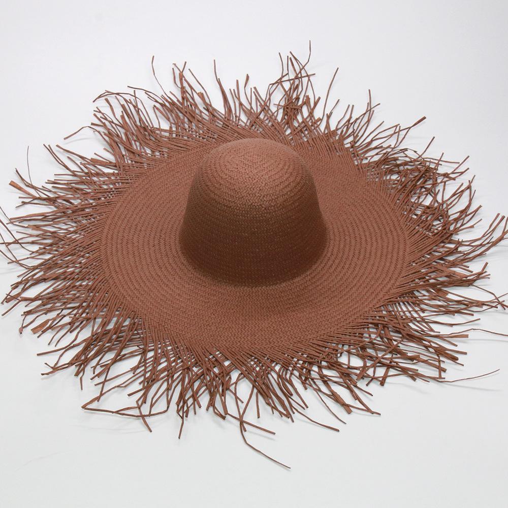 Women's wide-brimmed hat, tassel floss beach hat, foldable pure woven sun-visor, white and black paper straw round hat