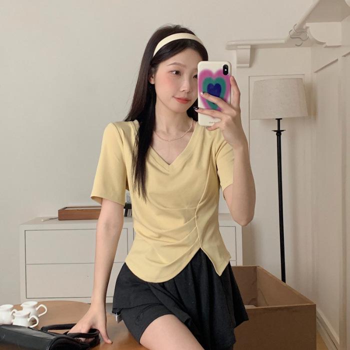 Women's Irregular V-Neck Short-Sleeve Pleated T-Shirt - 2024 Summer Collection
