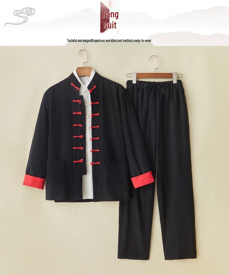 Men's Chinese Spring/Autumn Cotton Linen Tang Suit: 3-Piece Hanfu with Frog Buttons, Monk & Tea Ceremony Robe