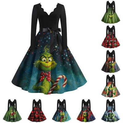 Damen Casual Fashion Print Langarm Kleid Cutout Party Casual V-Ausschnitt Kleid