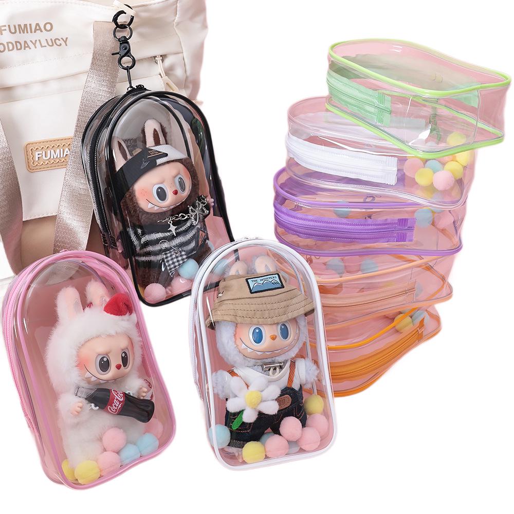 Clear PVC Zipper Doll Storage Bag - 19cm, Cartoon Dust Cover with Portable Hanging Buckle
