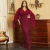 Plus-Size Elegant and Sexy Long Sequined V-Neck Long-Sleeve Evening Gown for Birthday Parties and Bridesmaids