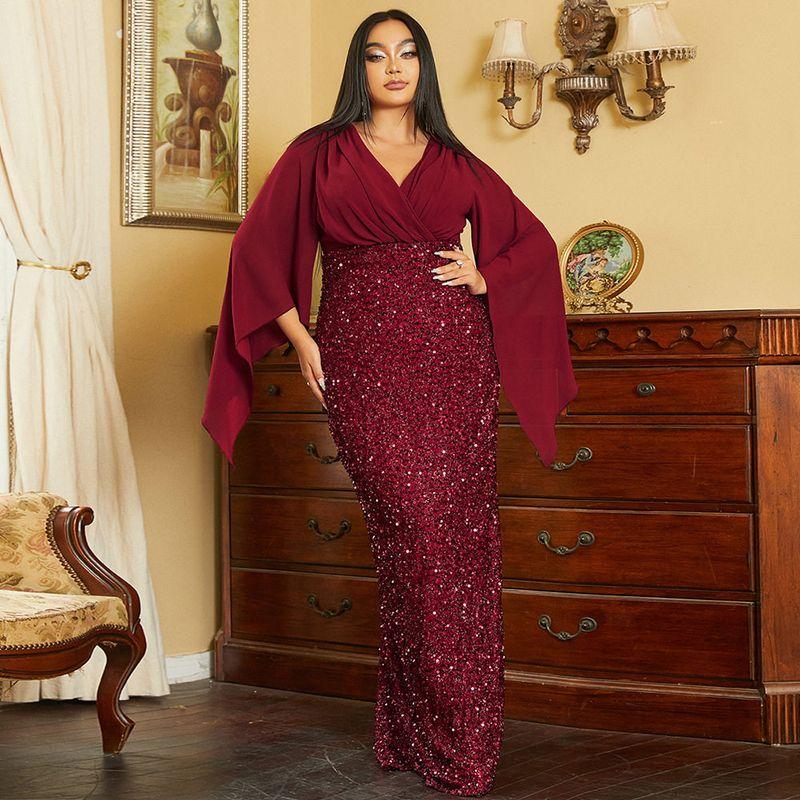 Plus-Size Elegant and Sexy Long Sequined V-Neck Long-Sleeve Evening Gown for Birthday Parties and Bridesmaids
