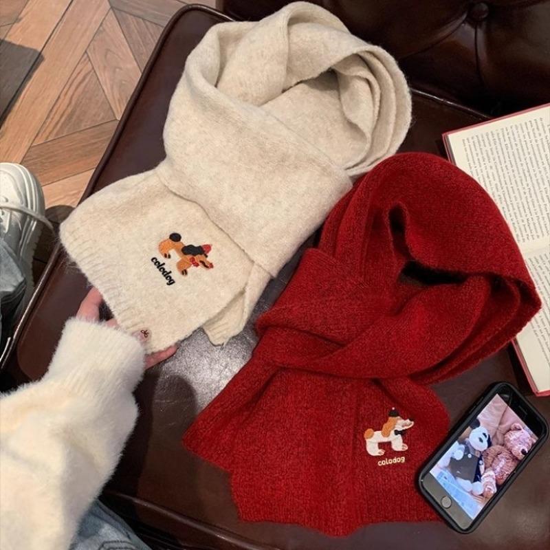 Cute Puppy Embroidered Scarf for Women Girls Autumn Winter Korean Style Warm Versatile College Style Couple Knitted Shawl Scarf