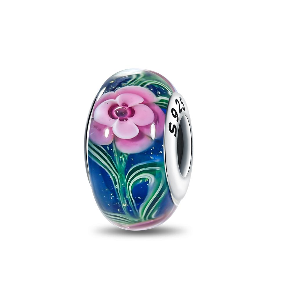 Pendant Charm Bead 925 Silver Glazed Flower Beads Fit Bracelet for Jewelry Making Valentine's Day Gift