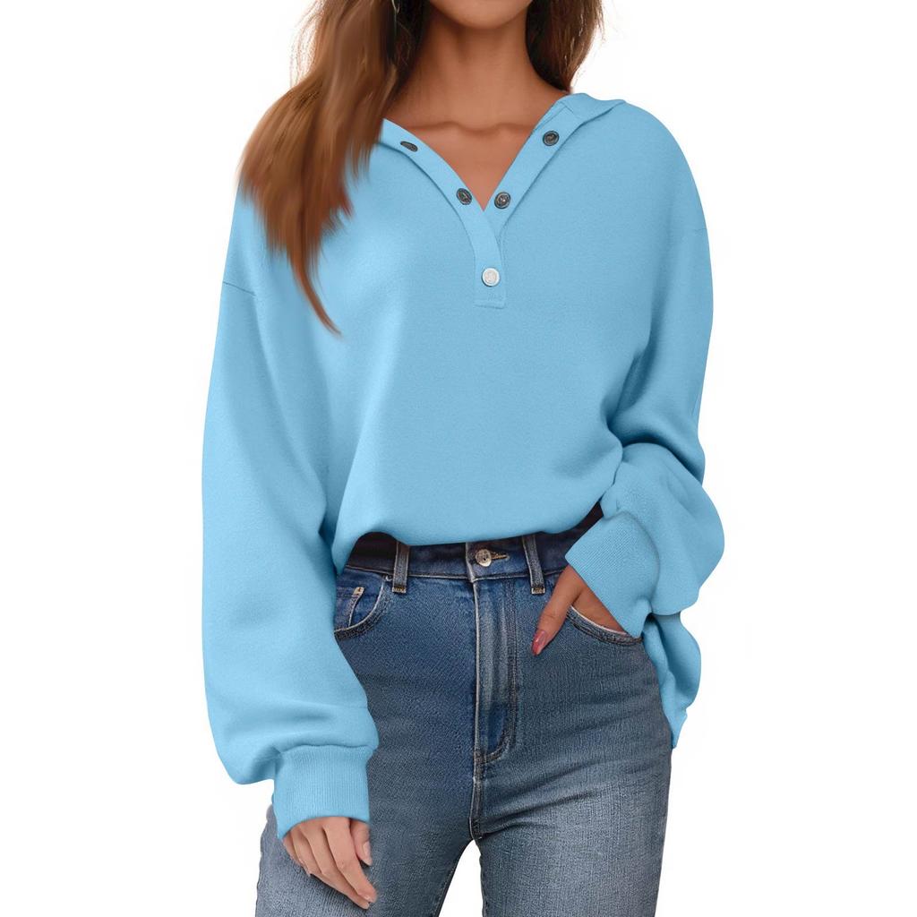 Dameknapp Ensfarvet Pullover Topper Casual Langermet Sweatshirts