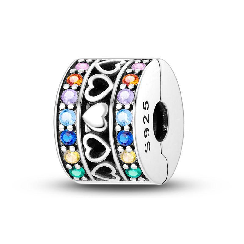 Silver Clasp 925 Silver Pave Clip Charms Colored Beads Stopper Safety Chain Fit Original Bangle Bracelet Jewelry Clip