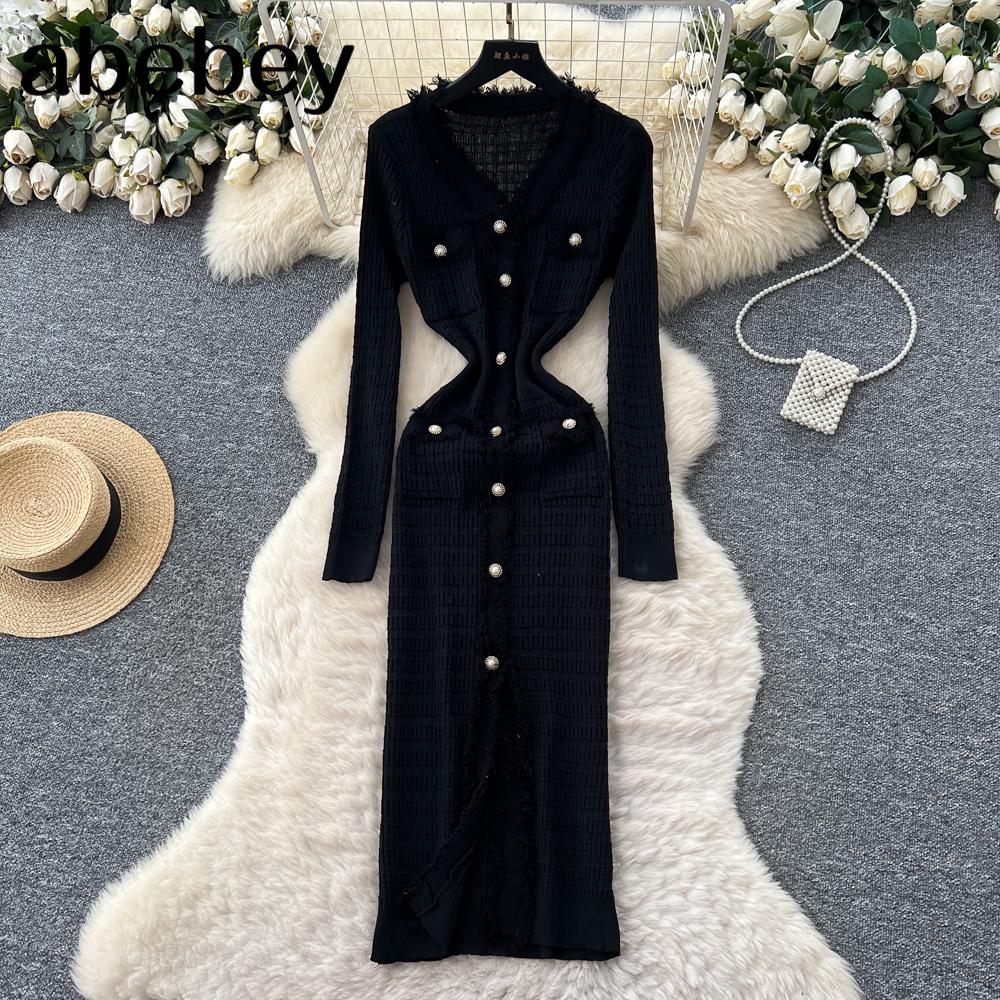 Neue Damenkleider Herbst Winter Vintage Patchwork Strick-Midikleid Elegant V-Ausschnitt Damen Rüschenhemd Pulloverkleid