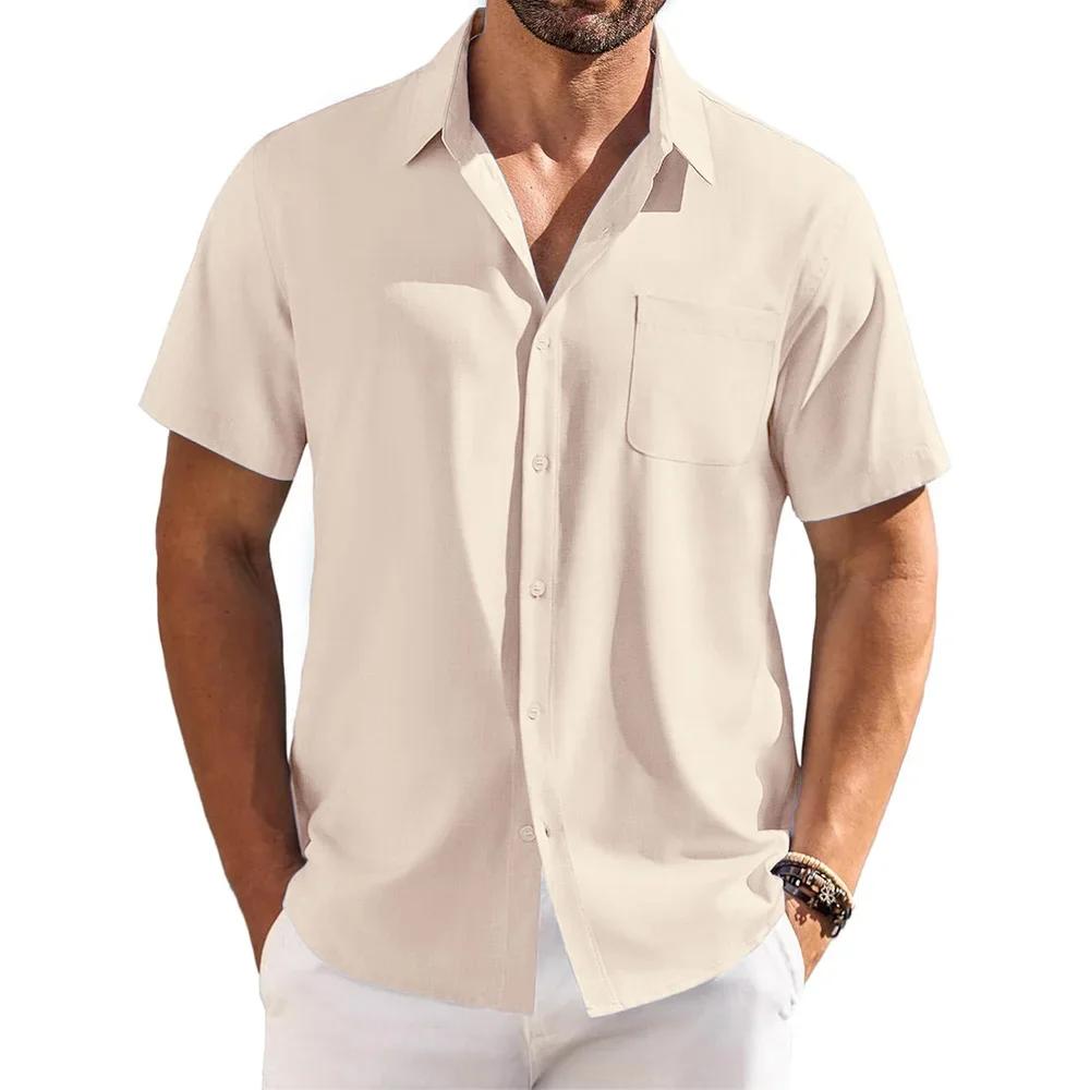 Summer New Cotton Linen Shirt for Men Breathable Lightweight Turn Down Collar Male Stylish Short Sleeve Shirts Fashion Clothing
