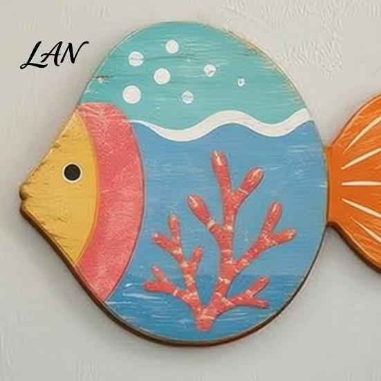 Coastal Wall Art Decor 4PCS Aspen Wood Fish Decor, Colorful Hanging Vintage Distressed Sculptures Art, Beach Theme Decorative Plaques for Bathroom