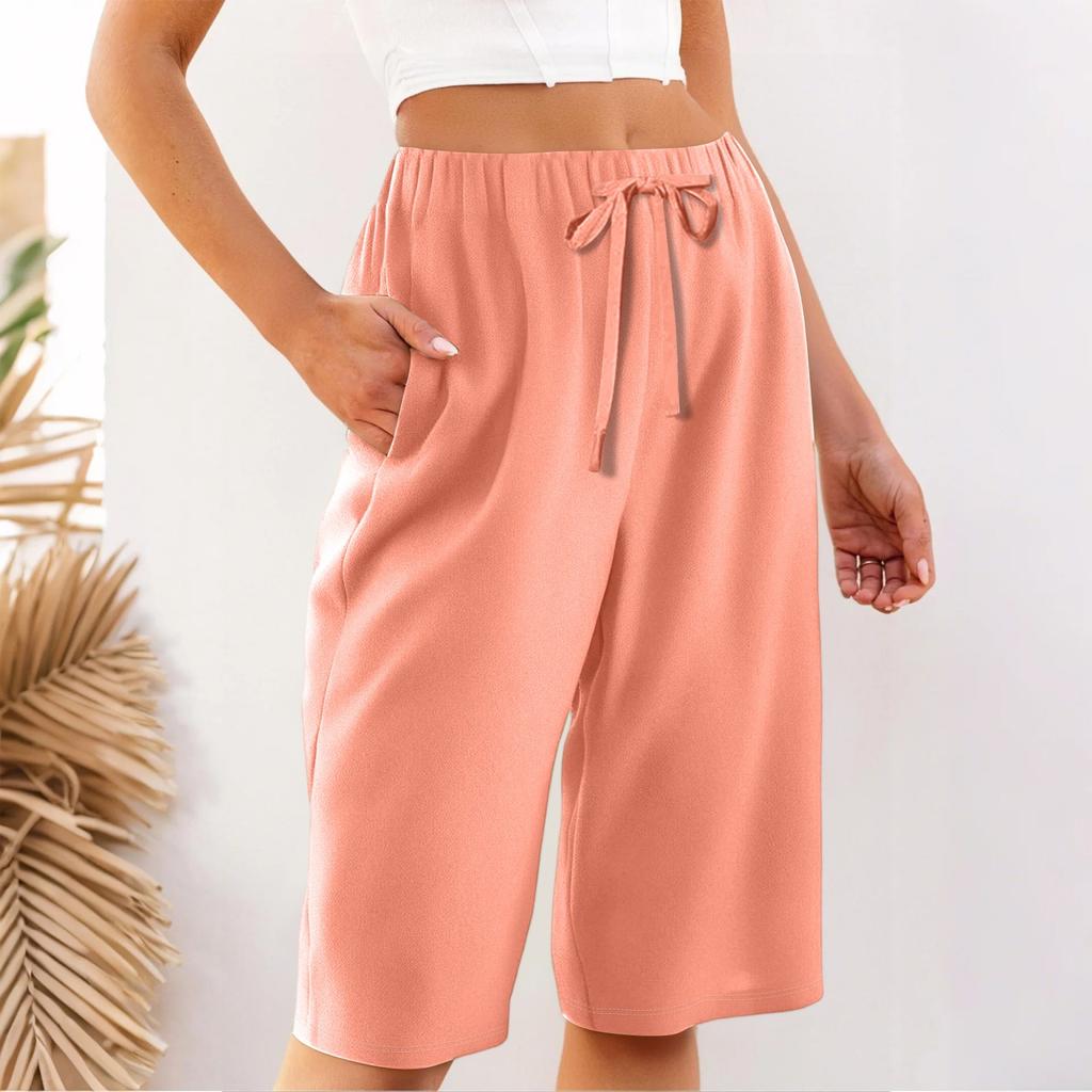 Women's Summer Elasticated Tie Waist Solid Colour Cotton & Linen Loose Shorts