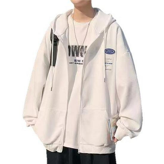 Men's Trendy Hooded Waffle-Weave Zip-Up Cardigan Sweatshirt for Spring/Autumn Hong Kong Style