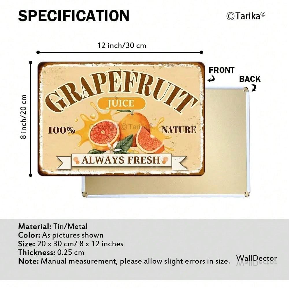 Vintage Metal Tin Sign Kitchen Wall Decor 8x12 Inch Retro Grapefruit Juice Bar Art